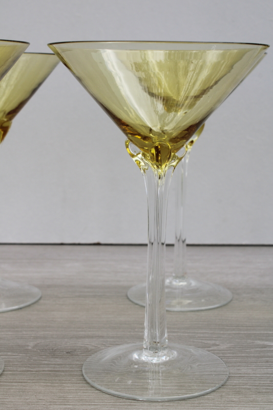 hand blown glass cocktail glasses set of 8, amber bowl clear petal stem stemware, large bar glasses