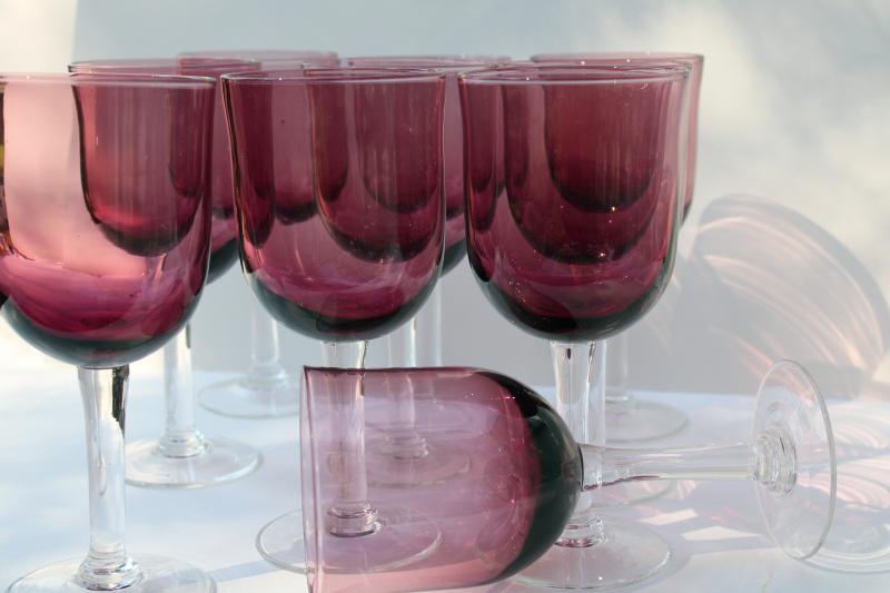 hand blown glass goblets, large wine or water glasses amethyst w/ clear glass stems