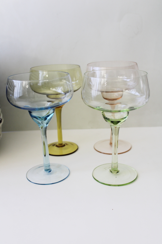 hand blown glass margarita glasses, large cocktail glasses in rainbow pastel colors