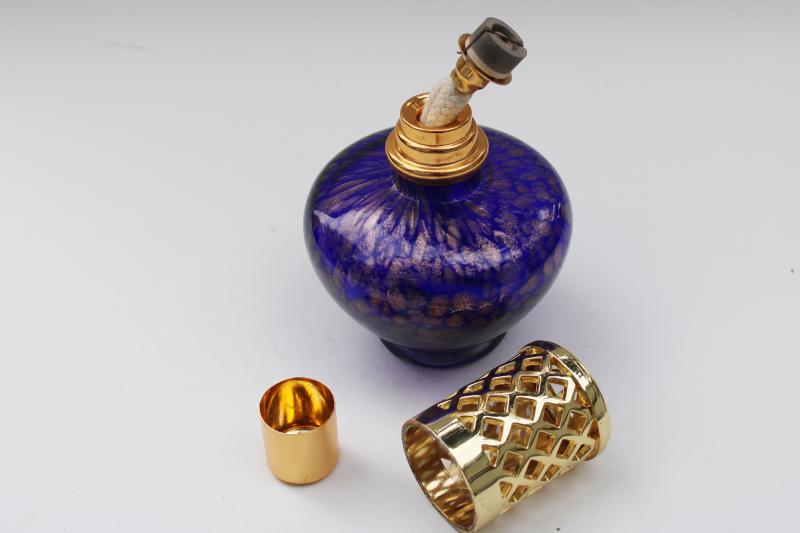 hand blown glass perfume lamp oil burner, copper gold flecked cobalt blue 