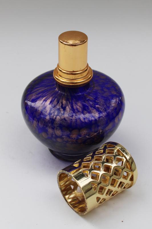 hand blown glass perfume lamp oil burner, copper gold flecked cobalt blue 