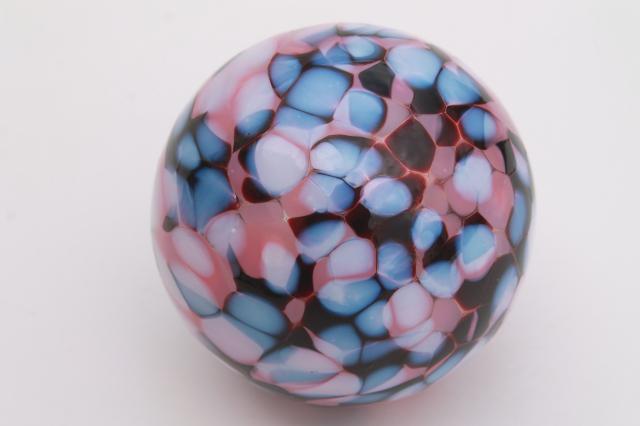 hand blown glass witch ball, art glass suncatcher ornament blue & rose pink glass