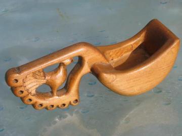 hand carved spruce wood grain scoop, vintage Norway folk art rooster