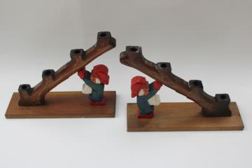 hand carved wood gnomes tree candle holders, vintage Swedish tomten Christmas candelabra
