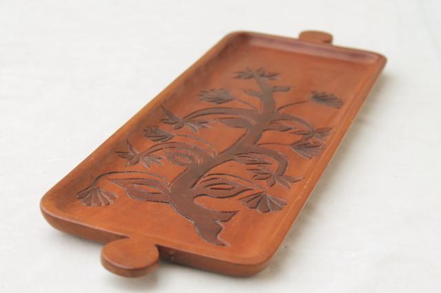 hand carved wood tray made in Haiti, tree of life retro flowering tree