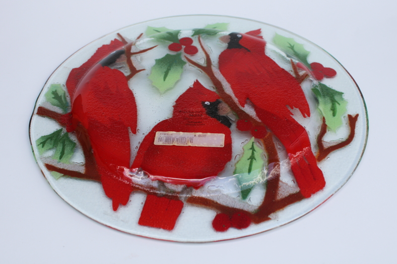 hand crafted art glass fused glass plate, Christmas holly  cardinal birds
