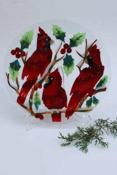 hand crafted art glass fused glass plate, Christmas holly  cardinal birds