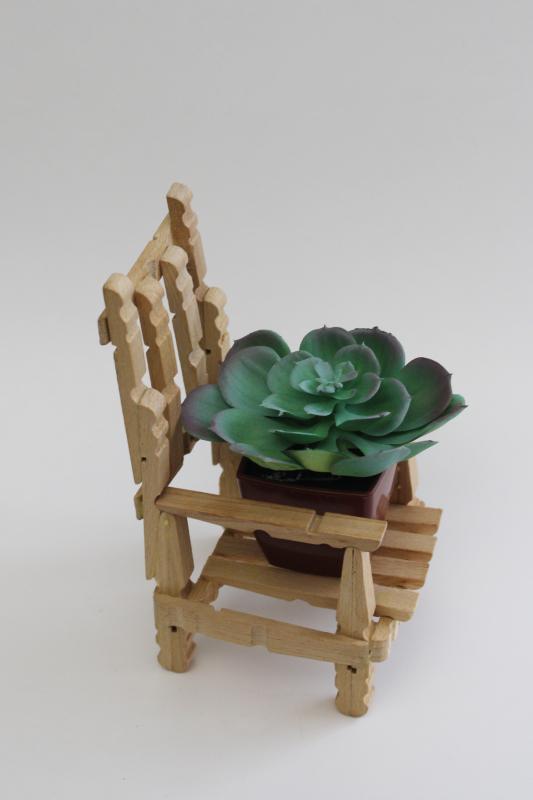 hand crafted chair for dolls or tiny plant stand, made from wood clothespins