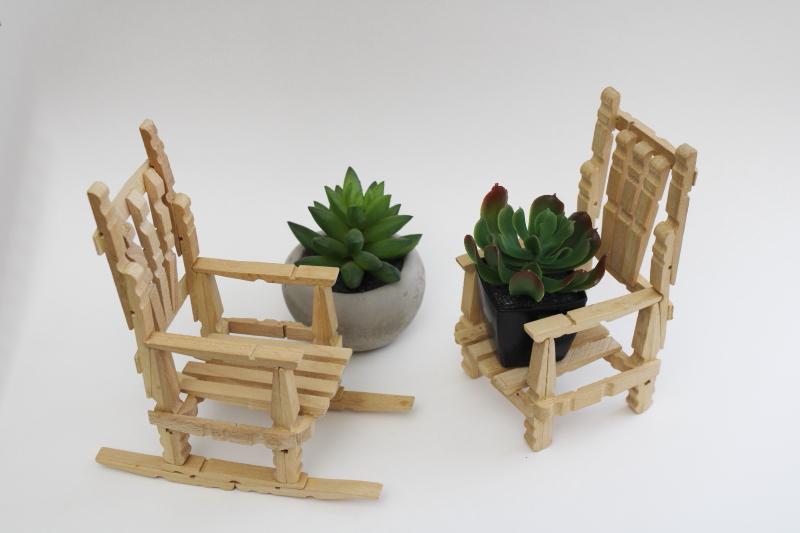 hand crafted chair & rocker for dolls or tiny plant stand, made from wood clothespins