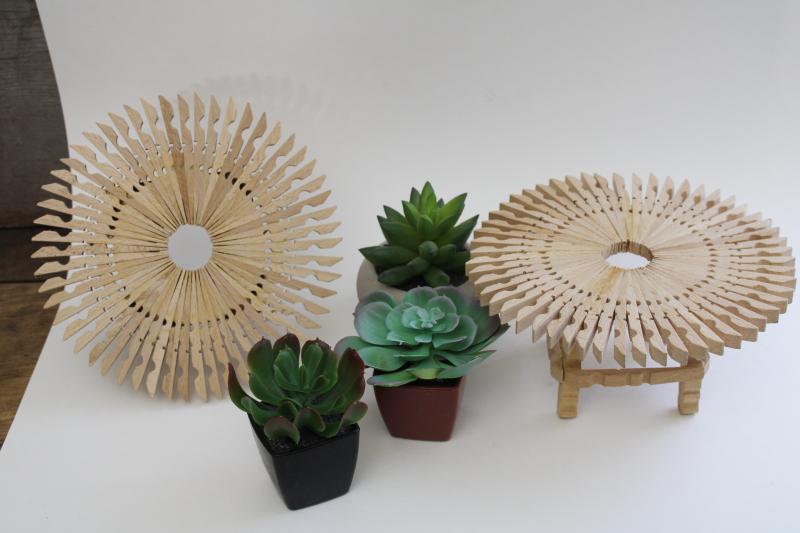 hand crafted tiny tables or plant stands, camp art made from wood clothespins