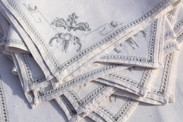 hand embroidered hemstitched linen placemats & napkins, 60s vintage Madeira or Italian handwork