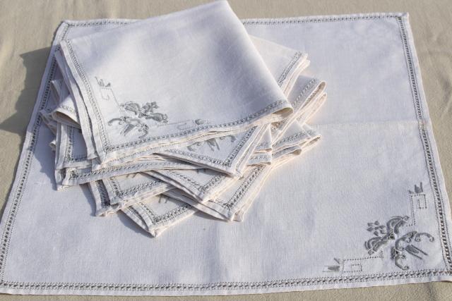 hand embroidered hemstitched linen placemats & napkins, 60s vintage Madeira or Italian handwork
