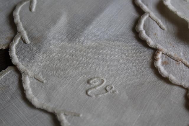 hand embroidered pure linen goblet rounds & doilies, V monogram 1920s vintage trousseau linens