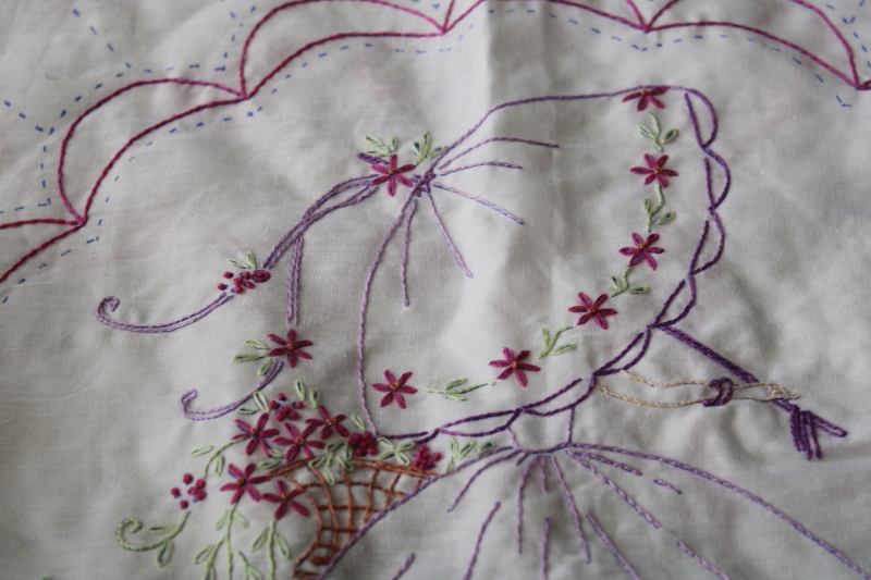 hand embroidered quilt blocks w/ parasol ladies, southern belle girl w/ flower basket