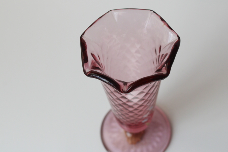 hand painted Fenton glass vase, vintage cranberry pink glass artist signed