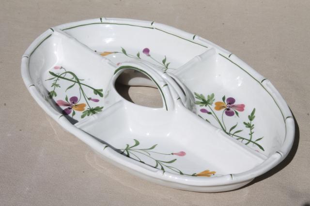 hand painted Italian pottery tray w/ center handle, johnny jump up viola pansies floral