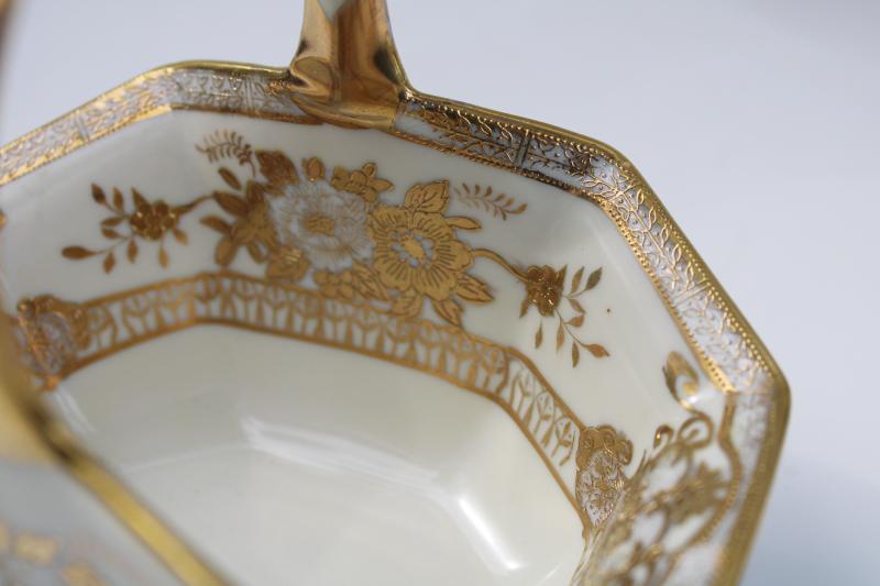 hand painted Japan encrusted gold white china basket, vintage Noritake red M mark