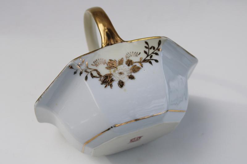 hand painted Japan encrusted gold white china basket, vintage Noritake red M mark