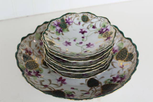 hand painted Nippon china dessert set, bowls w/ purple violets Japan porcelain