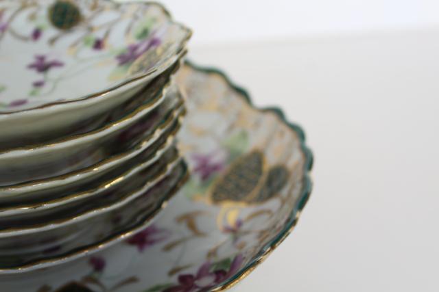 hand painted Nippon china dessert set, bowls w/ purple violets Japan porcelain