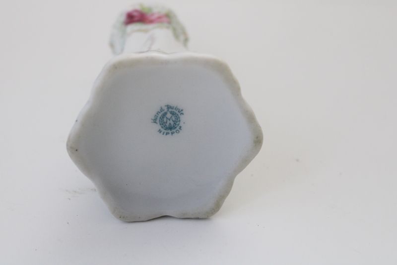 hand painted Nippon china vase or hatpin holder, M wreath mark 1910s 20s vintage Morimura