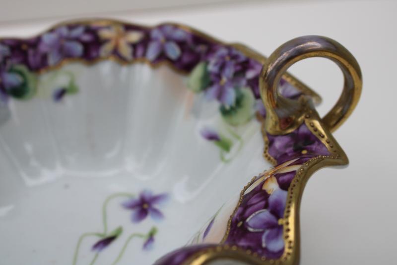 hand painted Nippon vintage china dish w/ handles, violets & gold moriage trim
