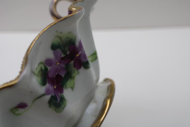 hand painted Nippon vintage china dish w/ handles, violets & gold moriage trim
