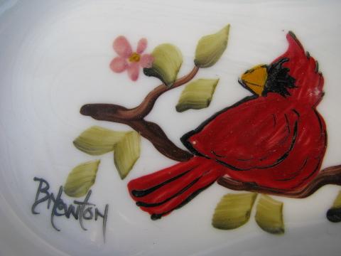 hand painted bird, artist signed vintage Westmoreland bead edge milk glass dish