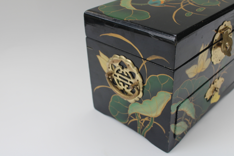hand painted bird  water lily black lacquerware wood jewelry box tea chest drawers