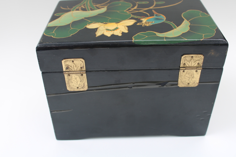 hand painted bird  water lily black lacquerware wood jewelry box tea chest drawers