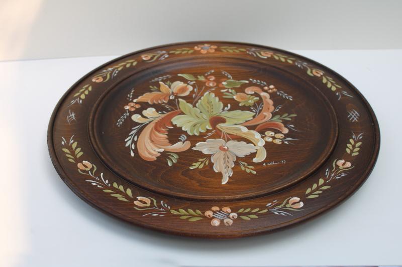 hand painted folk art wood tray or plate, artist signed vintage 1970s
