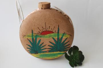 hand painted leather plastic canteen drink bottle Mexico vacation souvenir 
