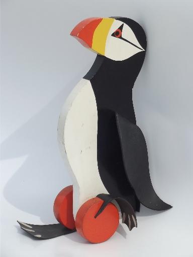 hand painted puffin vintage wood push toy w/ flip flap rubber feet