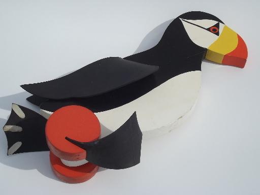 hand painted puffin vintage wood push toy w/ flip flap rubber feet
