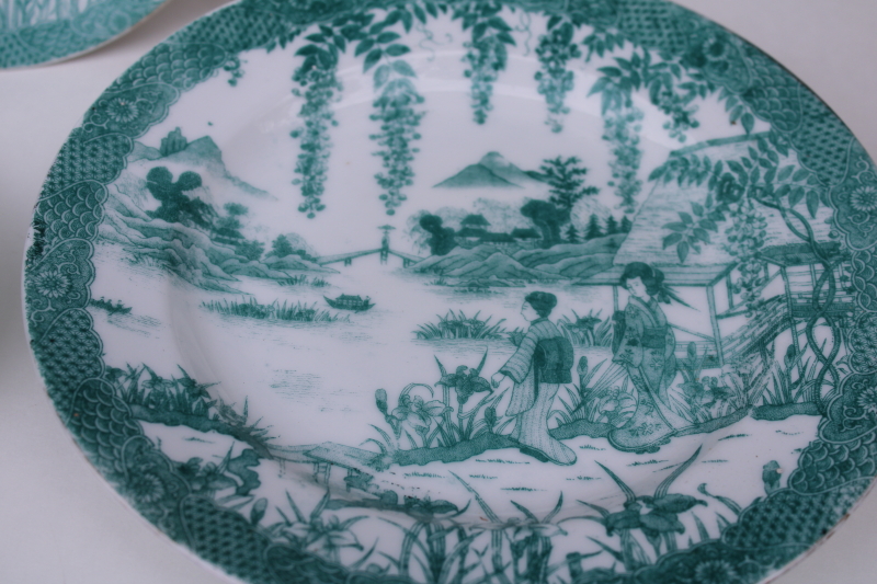 hand painted vintage Japan teal green geisha girls trio, plates cup  saucer
