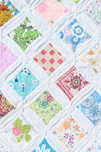 hand stitched cathedral window quilt, 30s 40s vintage cotton print fabrics
