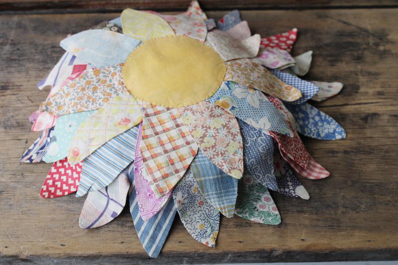 hand stitched pillow or pincushion, vintage depression era scrap craft sewing cotton prints