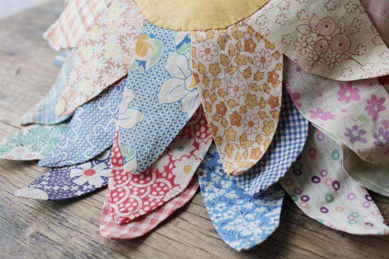 hand stitched pillow or pincushion, vintage depression era scrap craft sewing cotton prints
