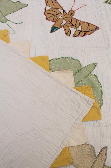 hand stitched vintage applique quilt top w/ butterflies or moths, sawtooth point border