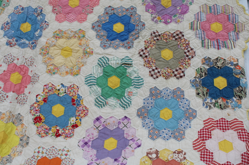 hand stitched vintage cotton prints patchwork quilt, grandmothers flower garden hexies