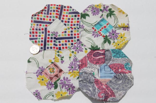 hand stitched vintage patchwork quilt blocks, flower garden motifs in pretty print fabric