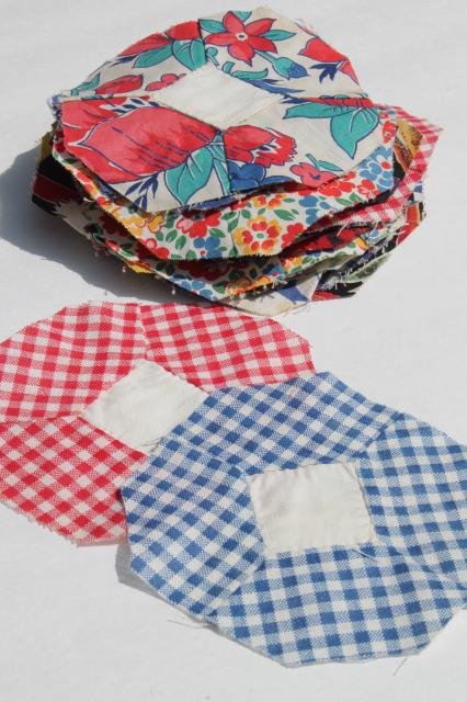 hand stitched vintage patchwork quilt blocks, flower garden motifs in pretty print fabric