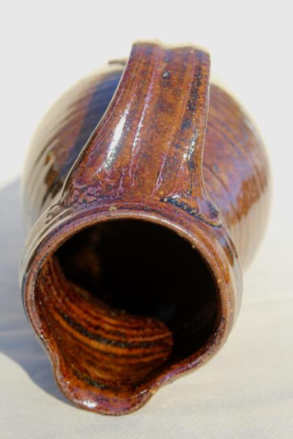 hand thrown pottery milk pitcher or rustic vase, brown glazed heavy stoneware, artist signed