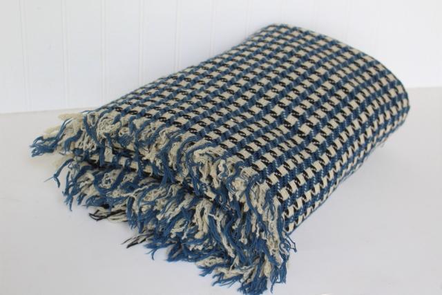 hand woven wool blanket, vintage Goodwin Guild blue & ivory white fringed throw