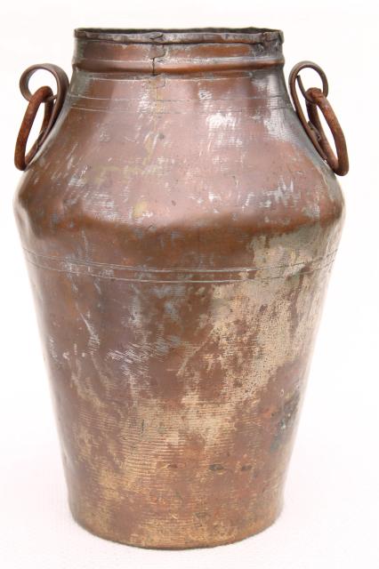 hand wrought Middle East copper urn water jug w/ iron handles, old silver wash