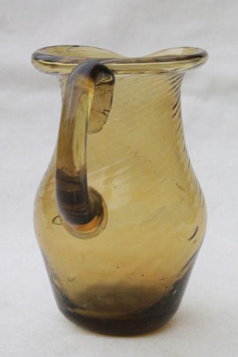 hand-blown amber glass mini pitcher & basket, vintage Mexican art glass