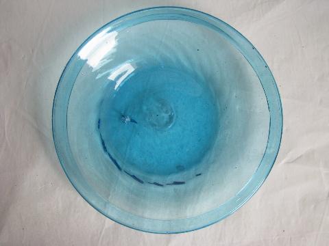 hand-blown swirled aqua blue glass vase or flower pot w/ underplate, vintage Mexican glassware