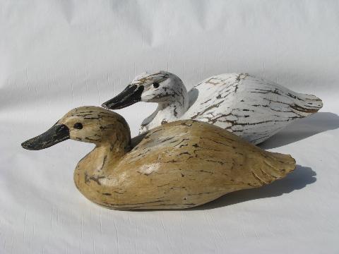 hand-carved wooden & painted folk art duck decoys for rustic cabin or lodge