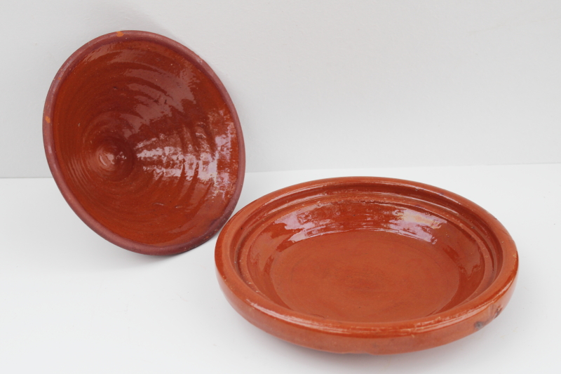 handcrafted Moroccan tagine red clay pottery pot, shallow pan with conical lid