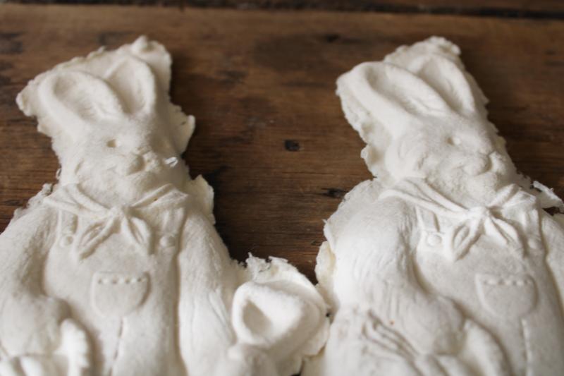 handcrafted paper mache Easter bunnies, pressed paper craft mold relief shapes